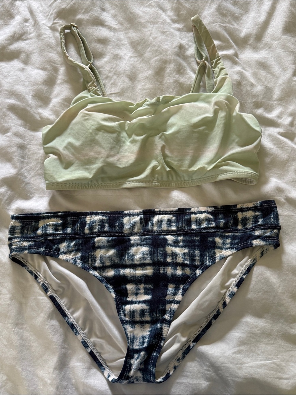 Carve Designs Two-Piece Bikini Set in Light Green Top and Navy Patterned Bottom